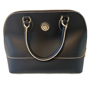 Anne Klein Black Satchel Subtly Lined w/ Beige Accents & Gold Hardware.